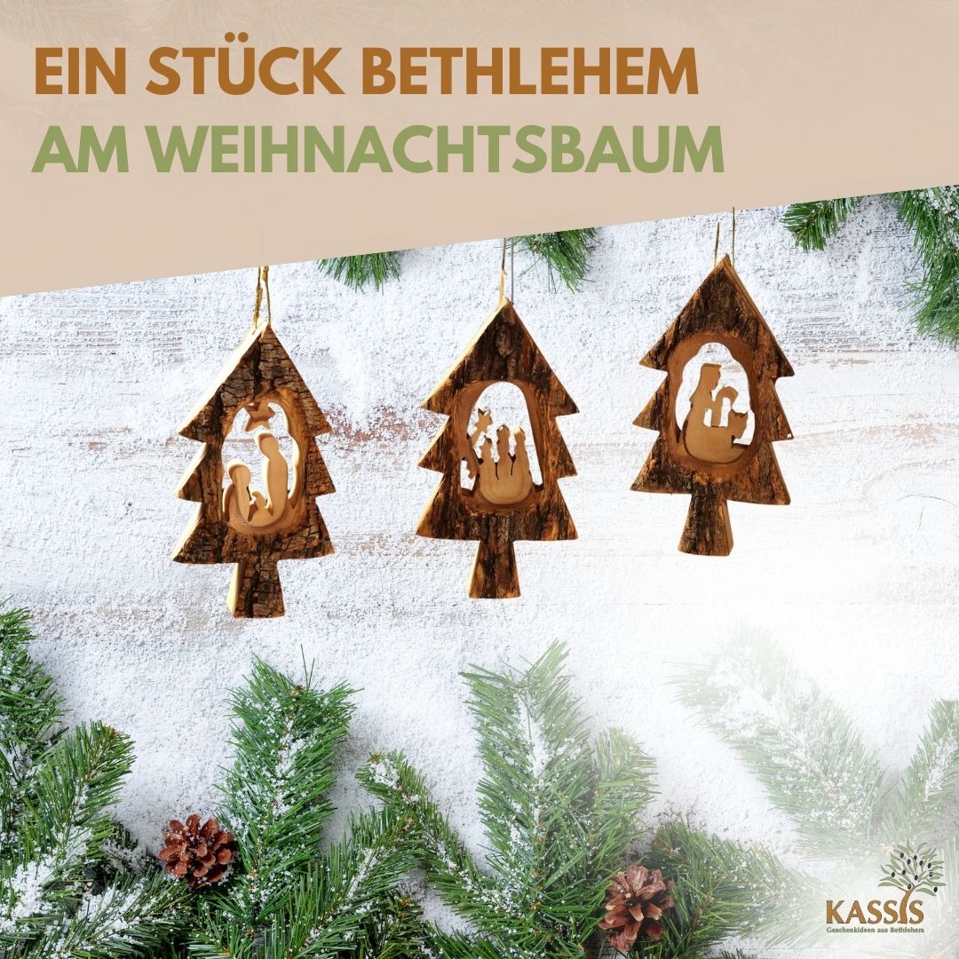Krippen-Anhänger aus Olivenholz im Tannenbaum mit Rinde (3er Set) | Baumschmuck & Weihnachtsdeko für Advent und Weihnachten-4