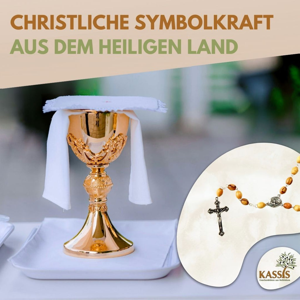 Rosenkranz mit ovalen Olivenholz-Perlen und Elementen aus Metall & Erde | Gebetskette mit Kreuz als Geschenk zur Taufe, Kommunion & Firmung-4