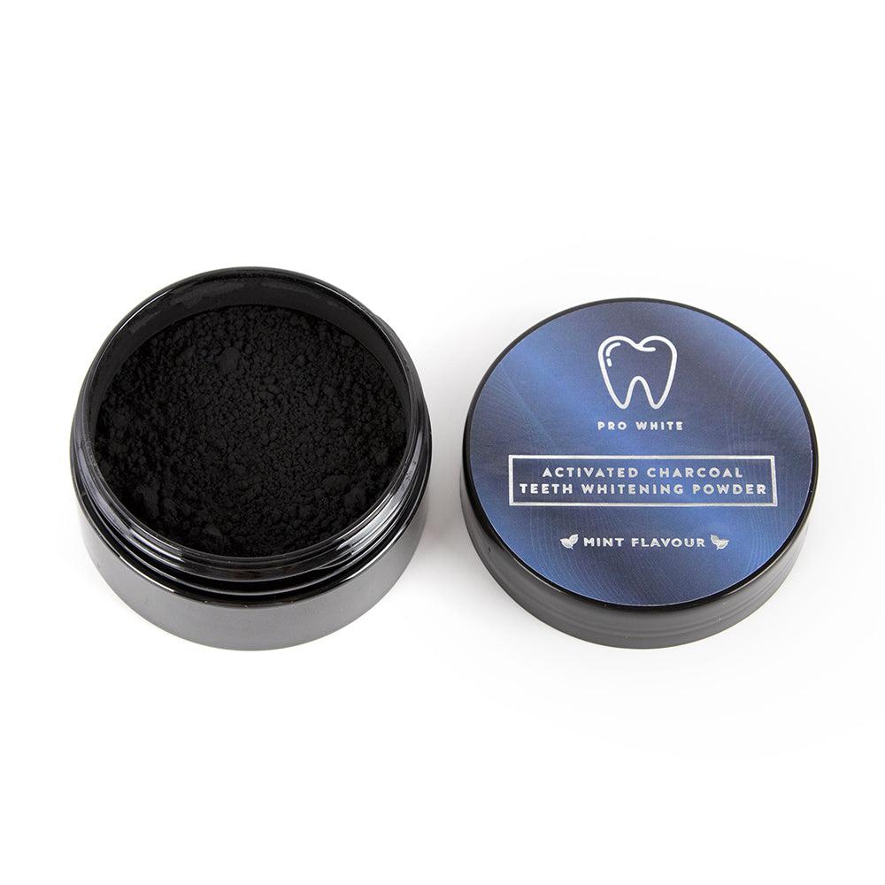 Open jar of black activated charcoal teeth whitening powder for natural daily oral care — view 3
