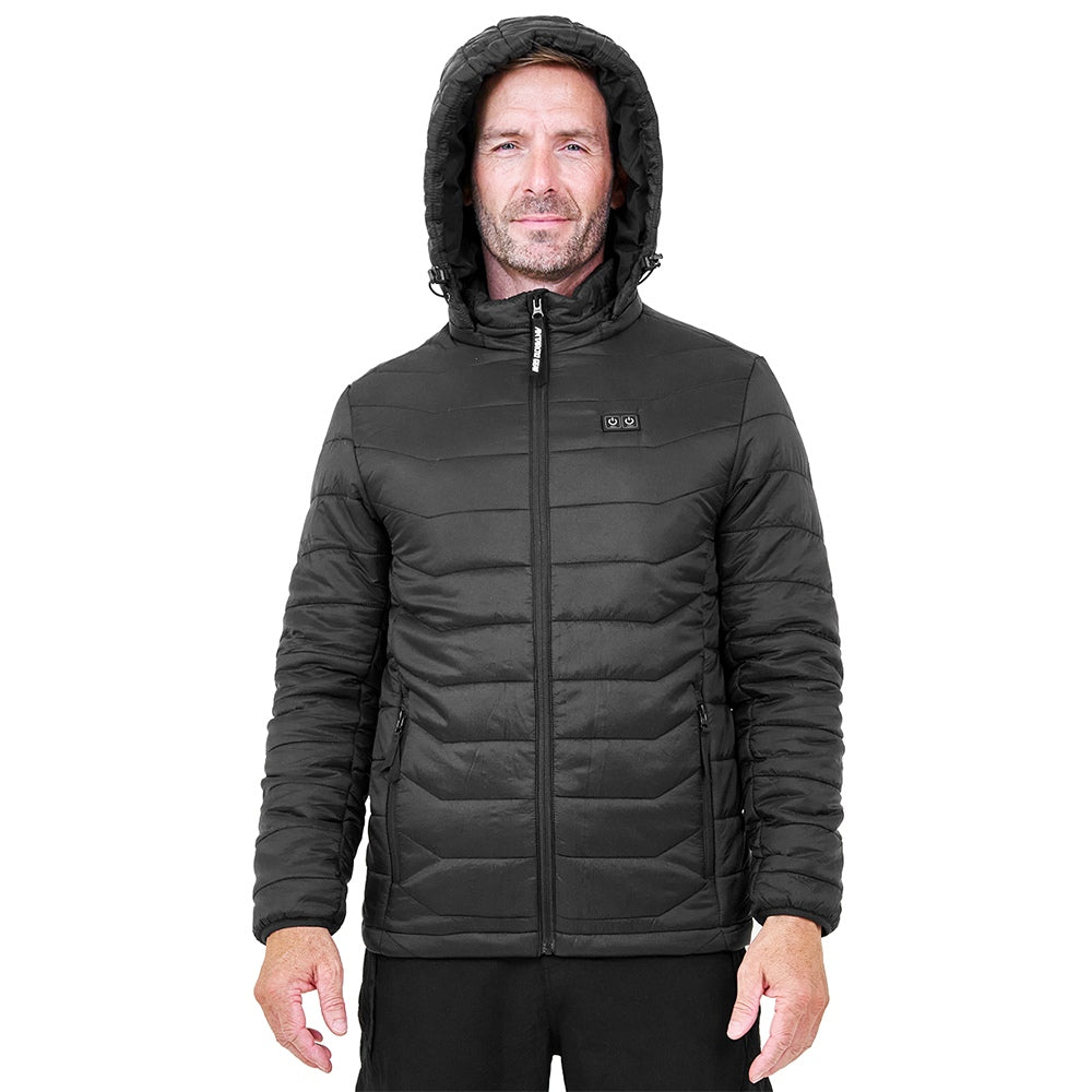 Unisex black polar fleece heated jacket with removable hood, multiple pockets, and 12V battery pack — view 5