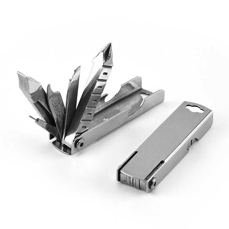 Stainless steel 8-in-1 everyday carry keychain multitool for camping and outdoor utility