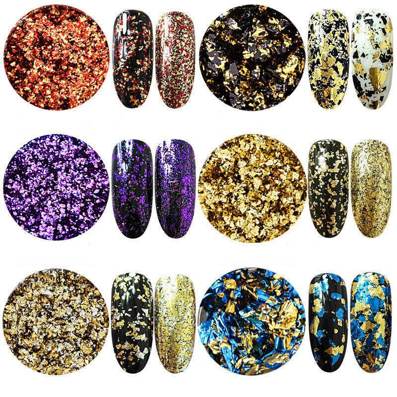 Six vibrant colors of mirror effect nail art glitter powder and foil flakes in small pots — view 3