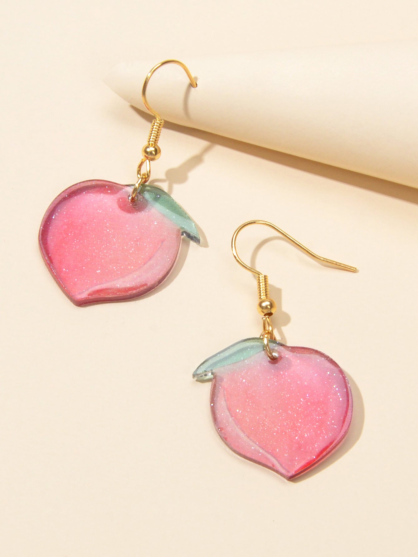 Silver double layer chain necklace and matching pink resin peach dangle earrings jewelry set — view 5