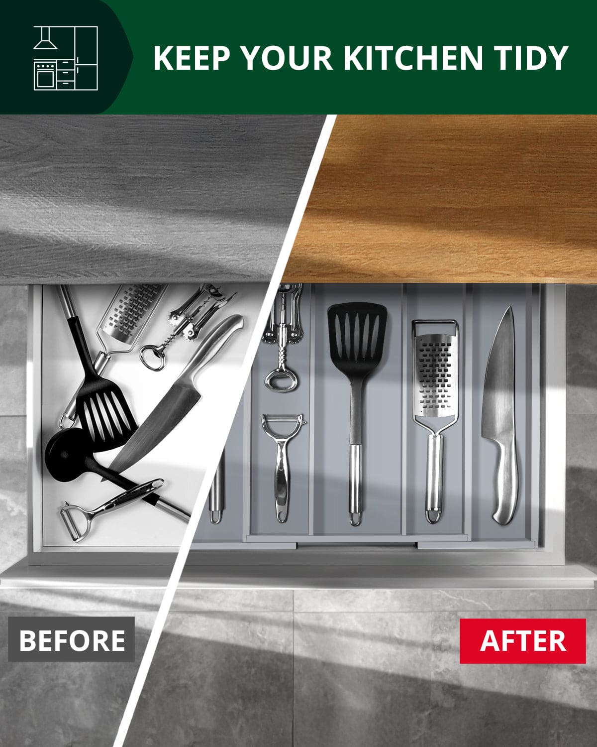 Gray bamboo 5-slot utensil drawer organizer holding silverware in a modern kitchen setting — view 5