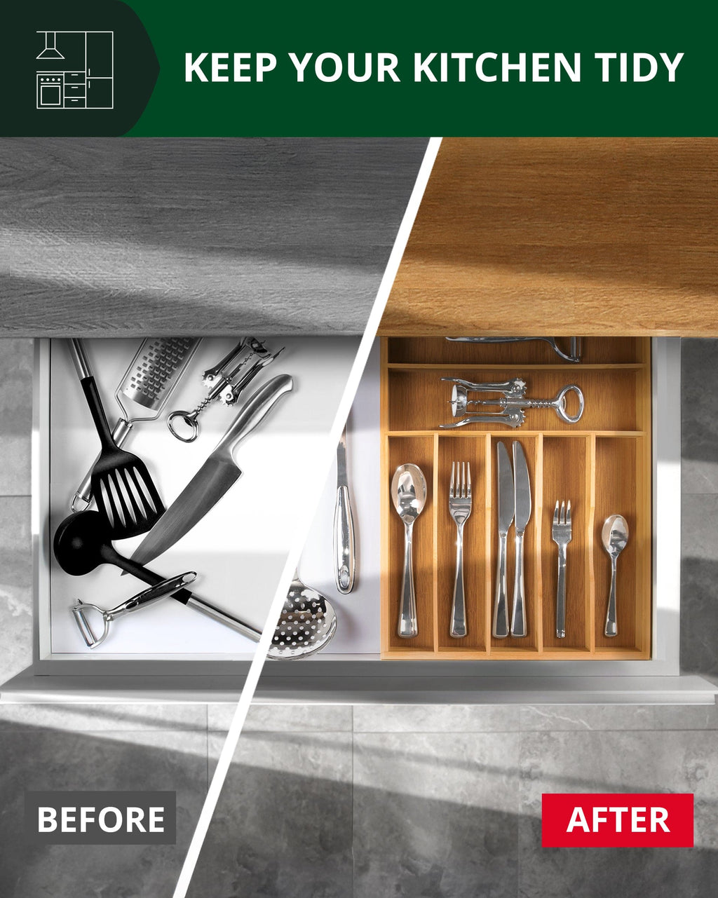 Natural wood silverware drawer organizer tray with multiple compartments for kitchen utensils and cutlery storage — view 5