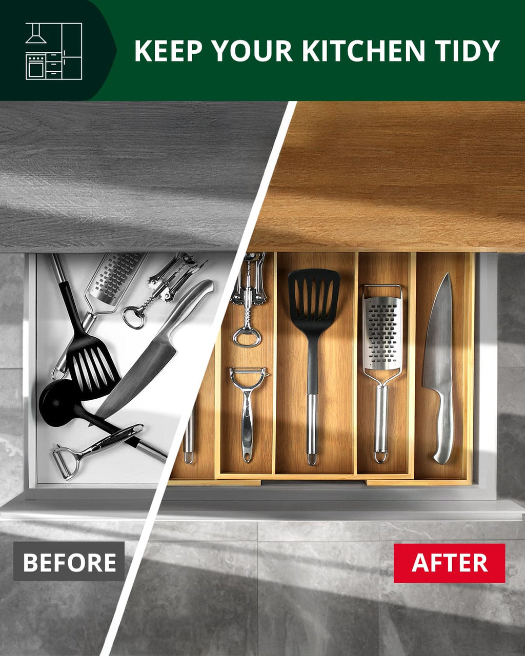Natural bamboo wood five slot utensil drawer organizer tray for silver flatware — view 5