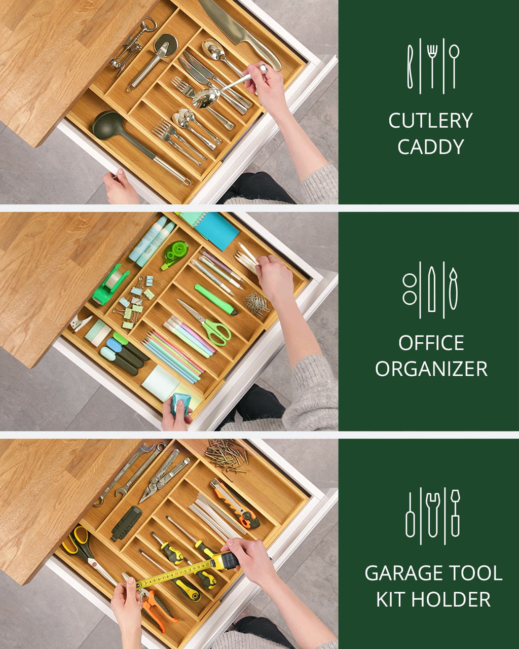 Natural bamboo 9-slot silverware drawer organizer tray with deep compartments for kitchen utensils — view 5