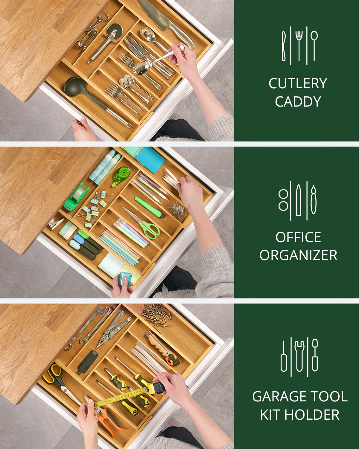 Natural bamboo 9-slot silverware drawer organizer tray with deep compartments for kitchen utensils — view 5
