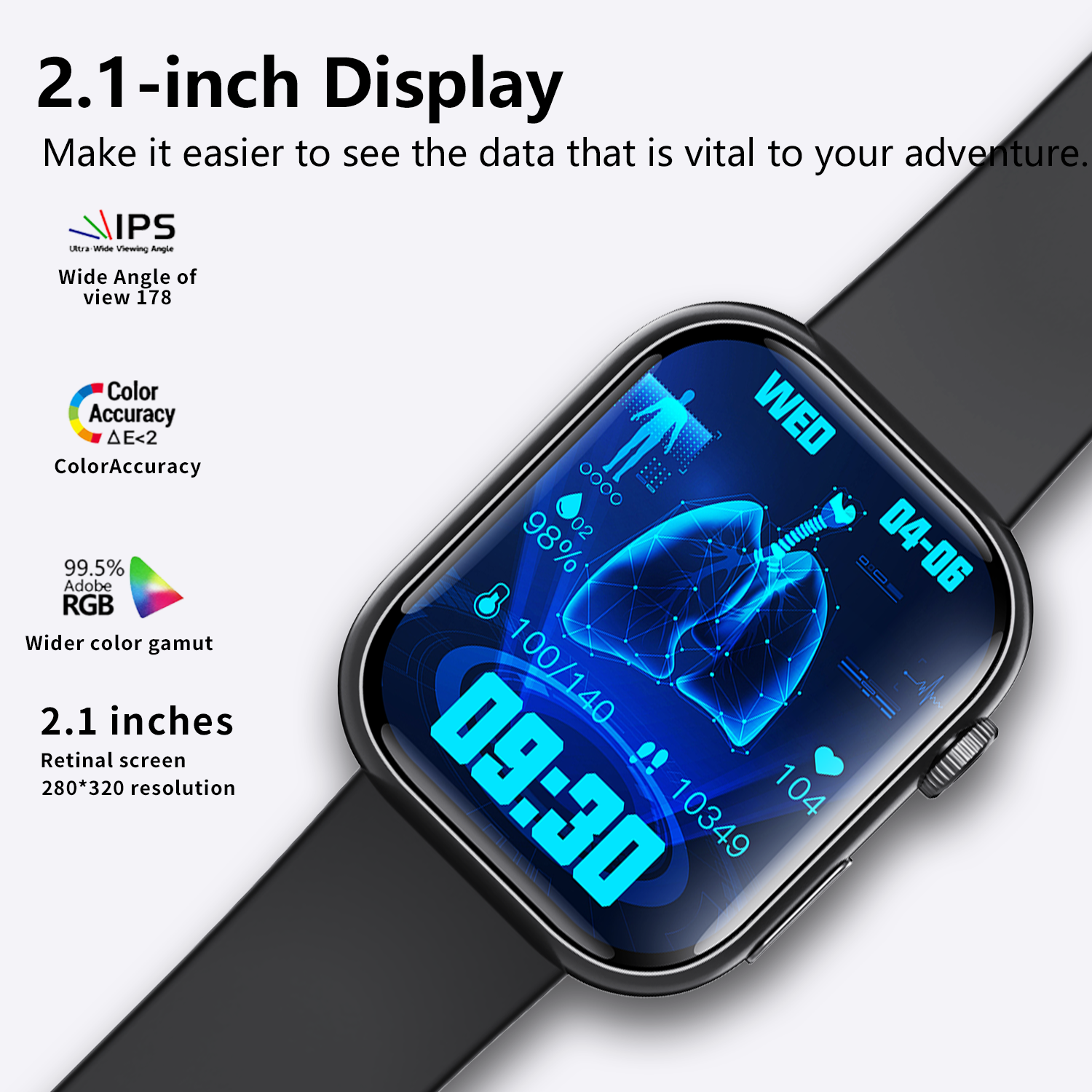 Wautton ECG smart watch with digital display showing blood pressure and heart rate metrics — view 3