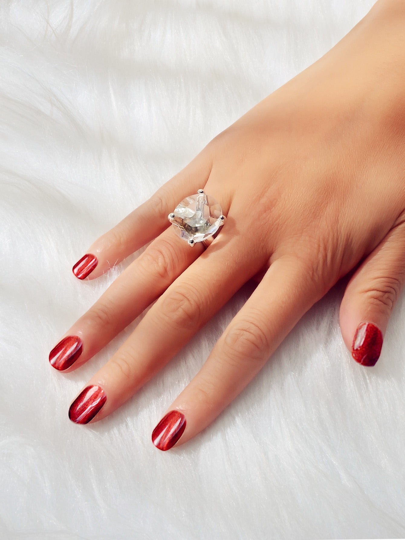 Big transparent simulated crystal women's statement ring with silver polished band for engagement gifts. — view 5