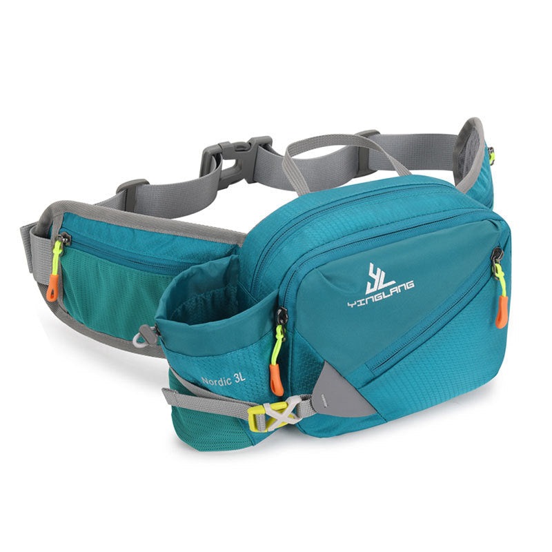 Water-resistant outdoor fanny pack with water bottle holder and multiple compartments in durable oxford cloth.