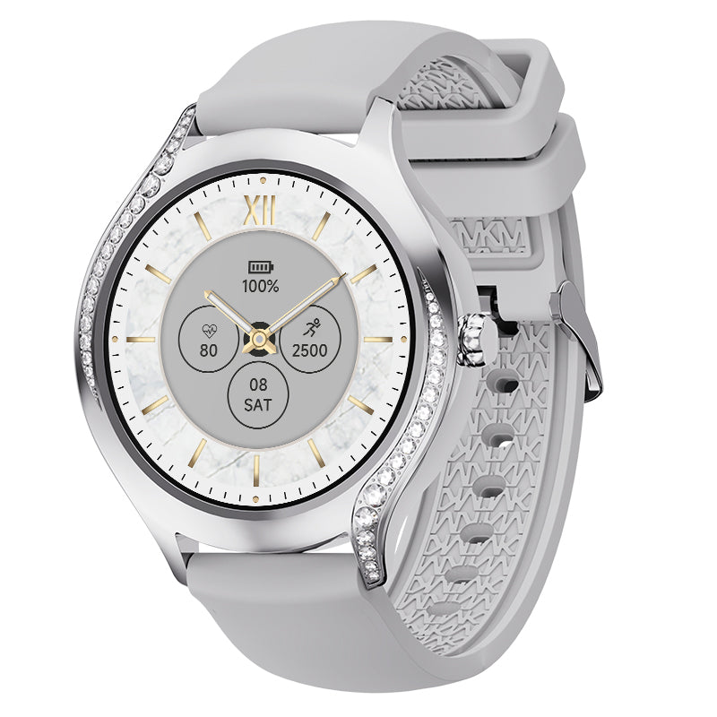 Women's fashion smart watch with diamond bezel, displaying digital fitness tracking face and elegant wristband
