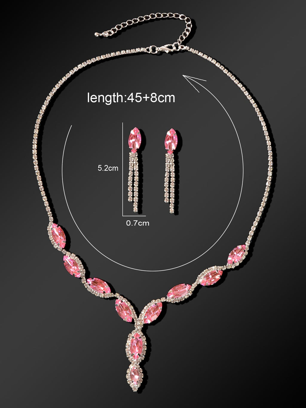 Luxurious pink crystal wedding jewelry set featuring a water drop necklace and matching dangle earrings — view 5