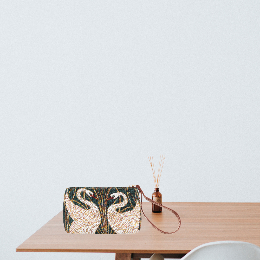 Woven tapestry wristlet bag with swan design and vegan leather hand loop for smartphones — view 5