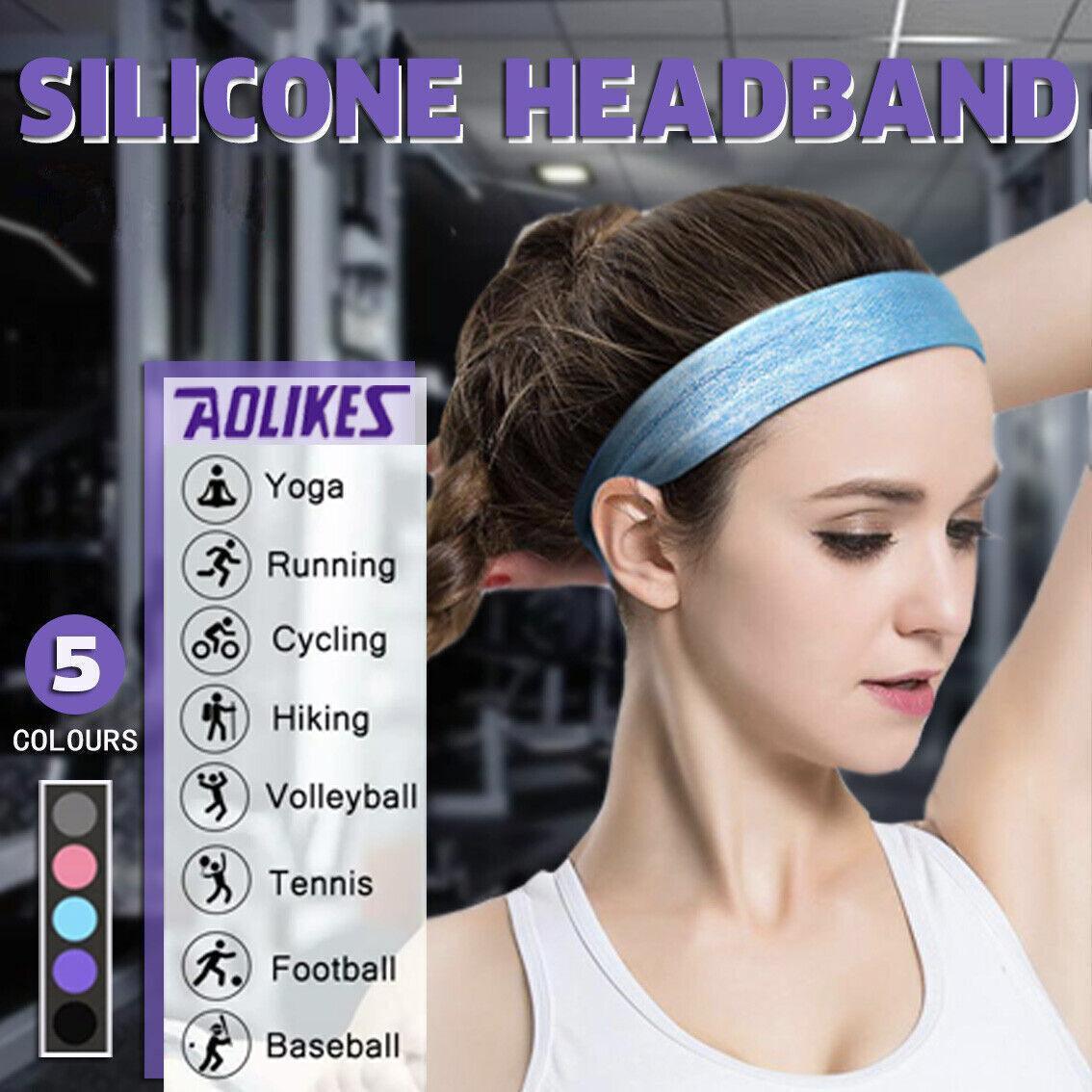 Anti-slip sports headband in breathable polyester with interior silicone grips for active fitness workouts.