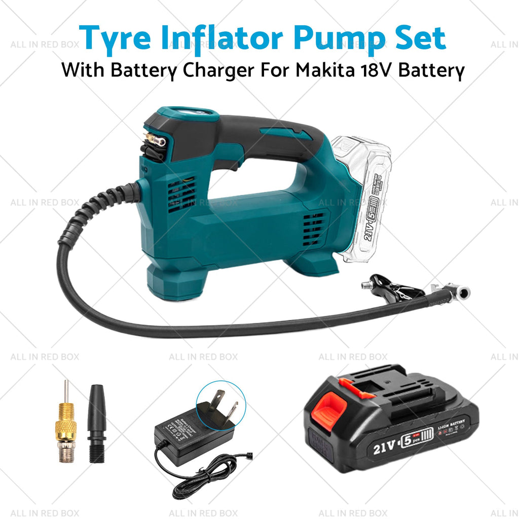 Cordless portable tyre inflator pump with digital display, battery, charger, and multiple valve adapters — view 5