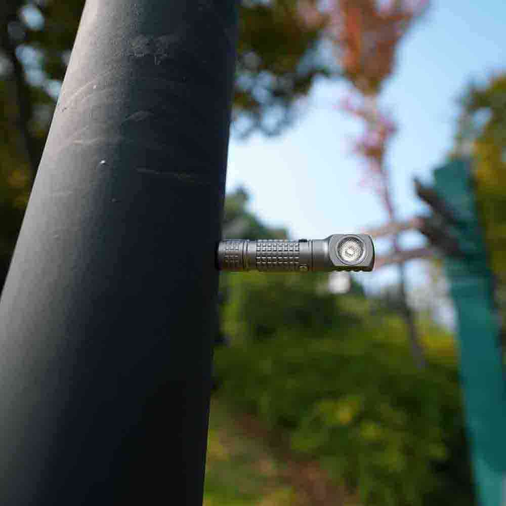 Titanium right angle flashlight and headlamp in bead blasted silver finish with removable pocket clip — view 5