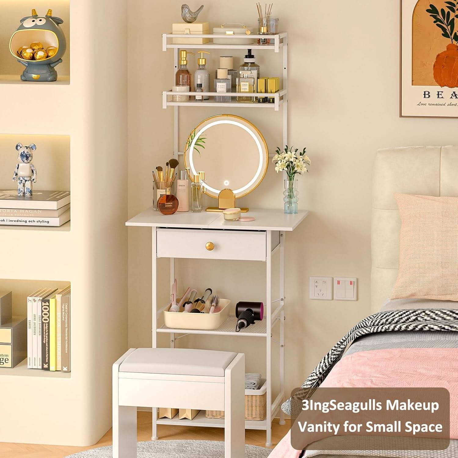 White ultra compact vanity desk with a large storage drawer and sturdy adjustable metal legs — view 2