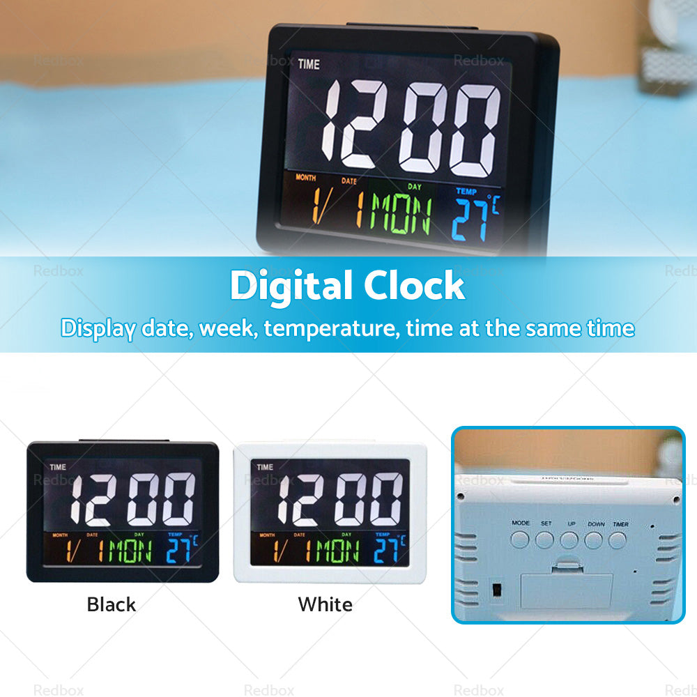 Large white digital LED wall and desk clock displaying time date and temperature — view 2