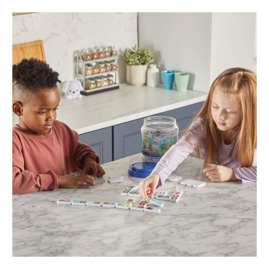 Colourful Numberblocks educational dominoes set for kids showing numbers and characters with storage tub — view 4