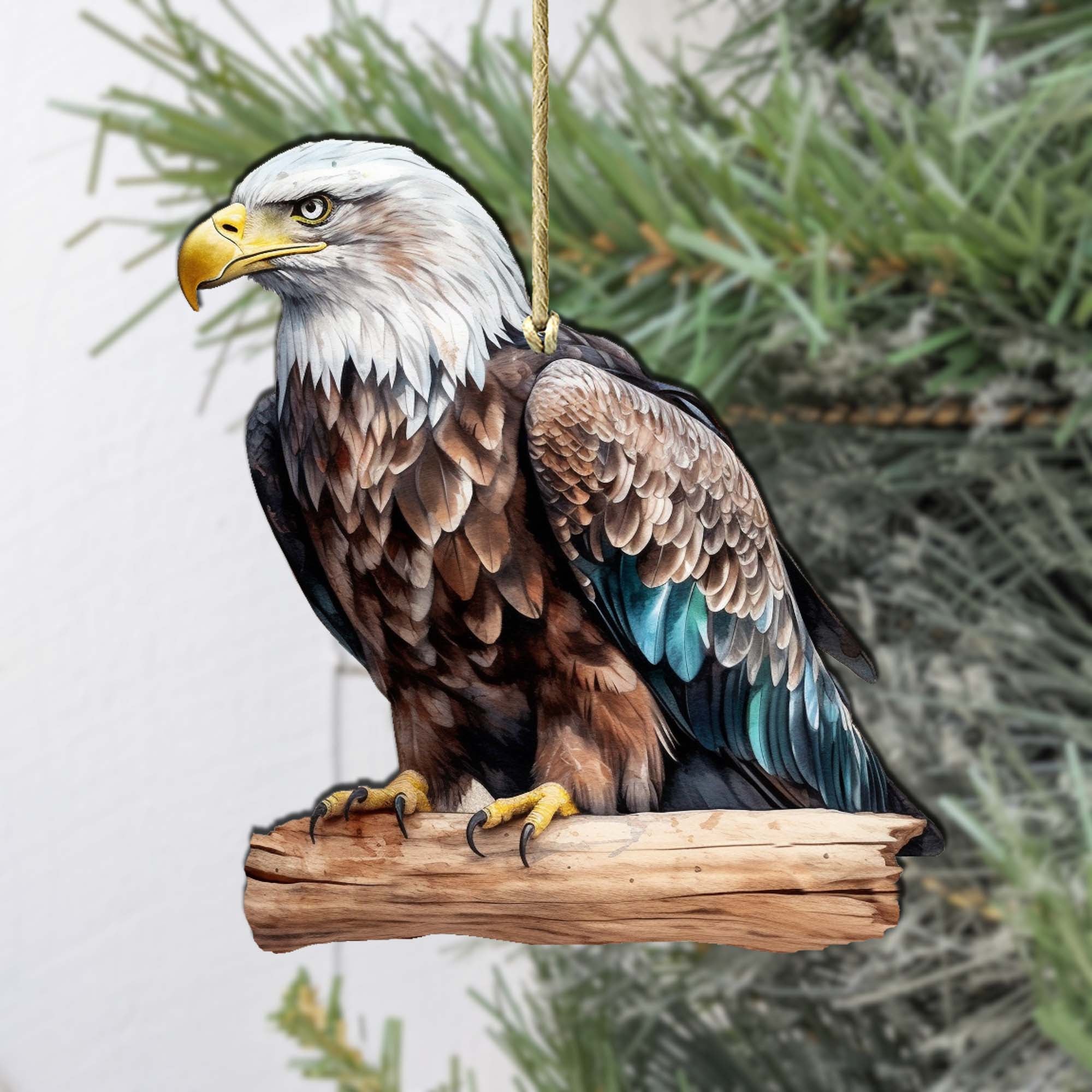 Bald eagle painted on a rustic round birch plywood wooden Christmas holiday ornament — view 2