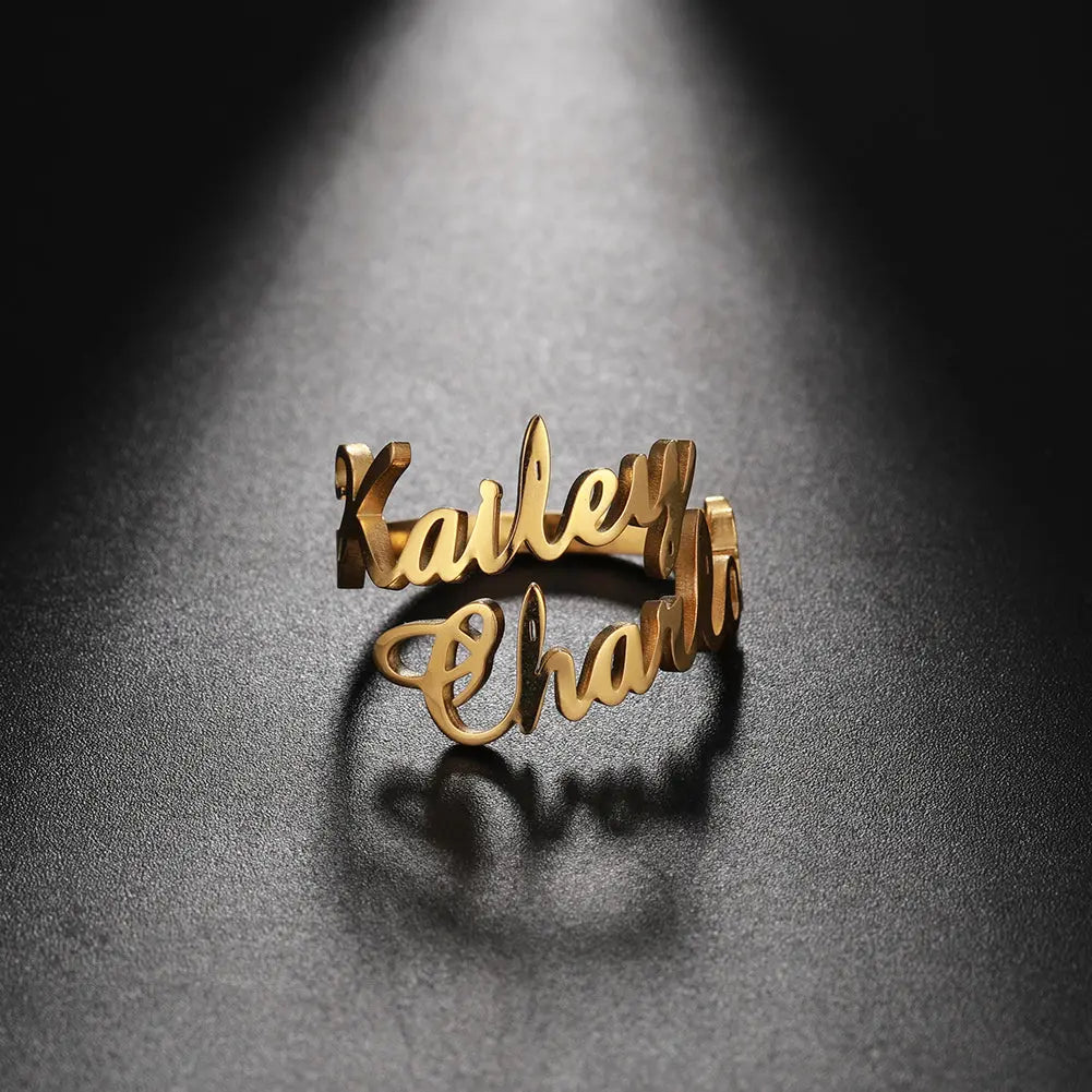Personalized custom name ring in polished 18k gold featuring delicate cursive typography styling — view 2
