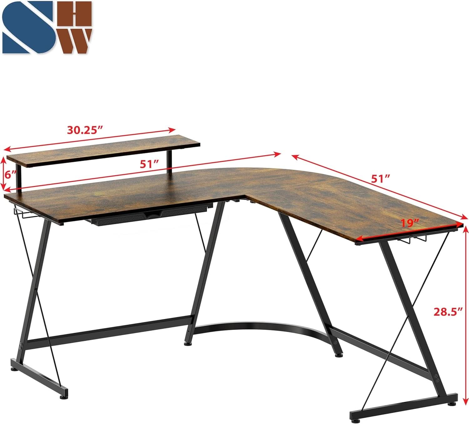 Rustic brown L-shaped corner desk with black steel frame, sliding drawer, and removable monitor stand — view 3