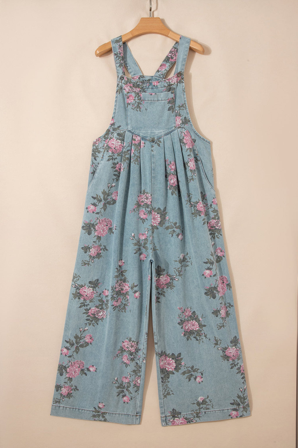 Olivia waist wide leg jumpsuit in vintage washed blue denim with adjustable shoulder straps — view 4