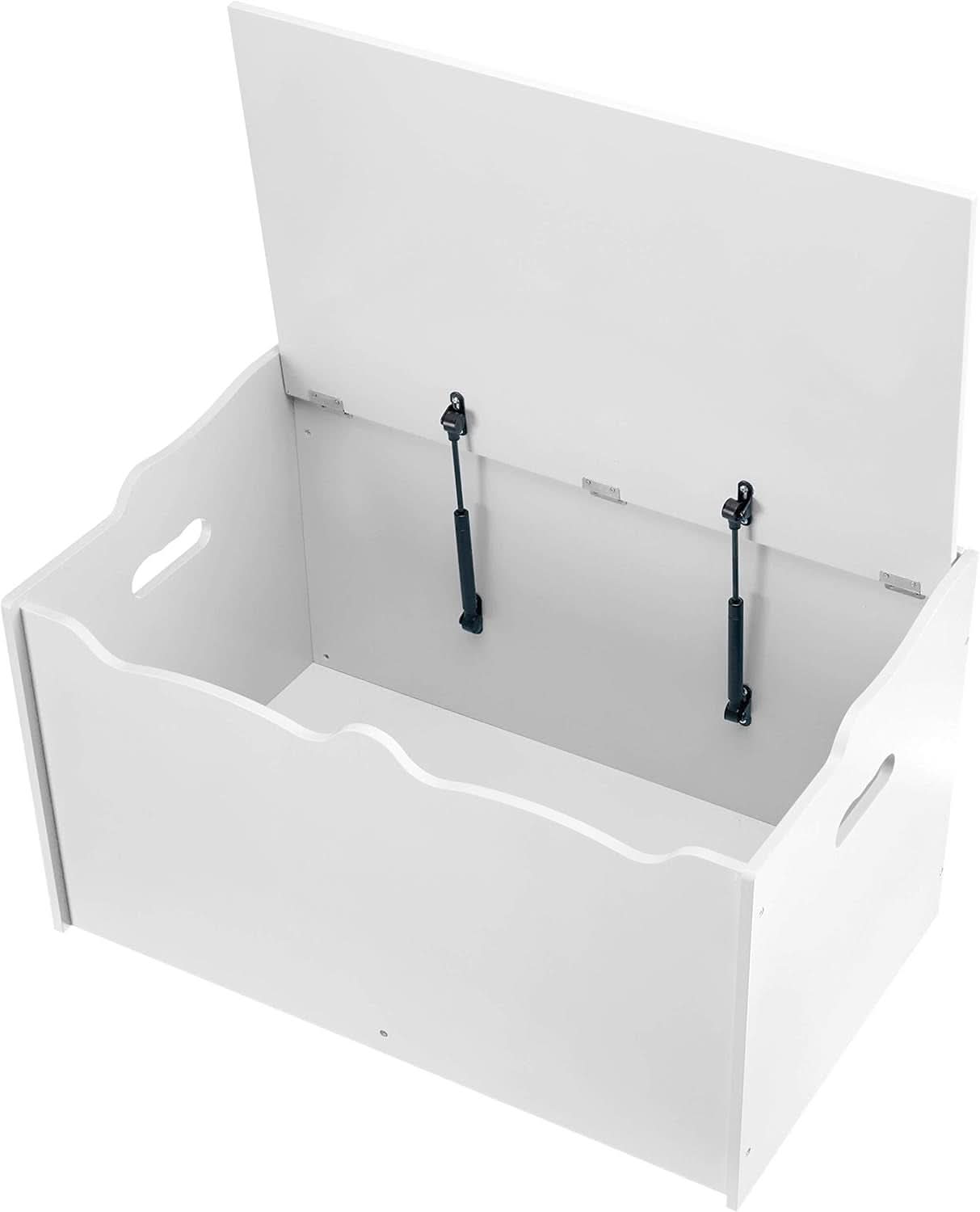 White wooden toy box chest with safety hinge lid for modern playroom and nursery organization — view 4