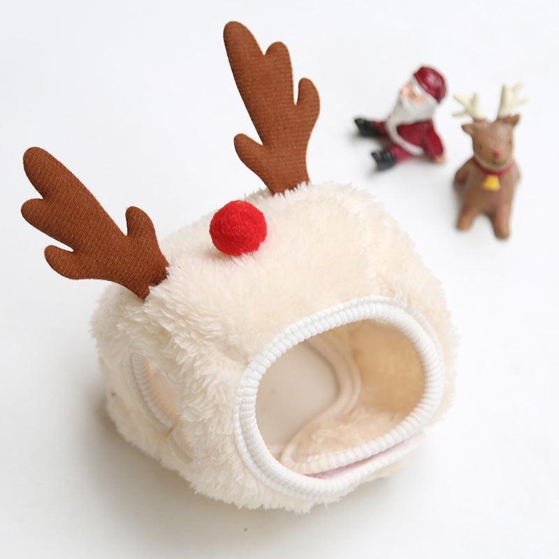 Festive pet Christmas hat and matching saliva towel set with reindeer antlers on white background — view 2