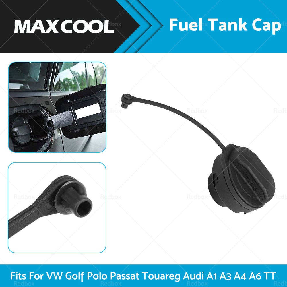 Black replacement fuel tank cap with safety tether made of durable ABS plastic for automobiles — view 2