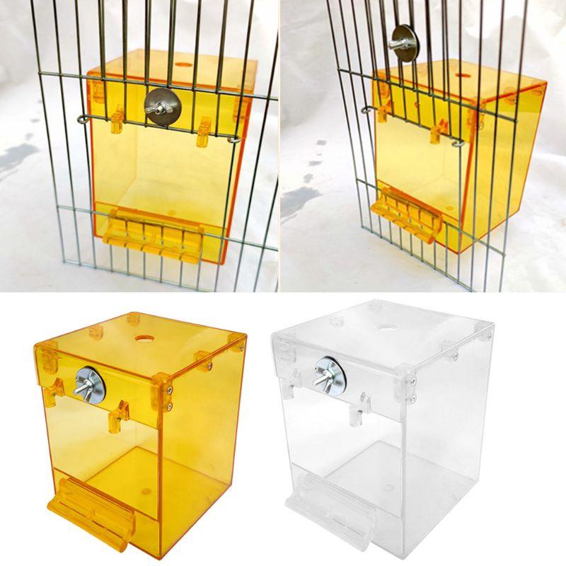 Transparent acrylic bird bath cage accessory for small parrots and finches, featuring a perch