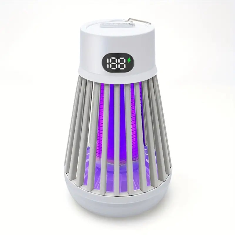 White 2-in-1 electric mosquito killer lamp and LED camping light on plain background