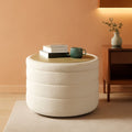 White round storage ottoman in soft teddy fabric with reversible wooden tray table top