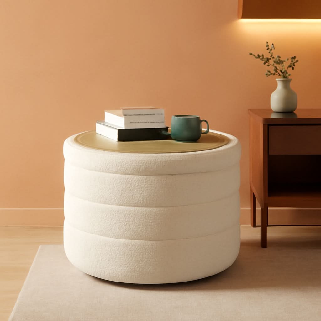 White round storage ottoman in soft teddy fabric with reversible wooden tray table top