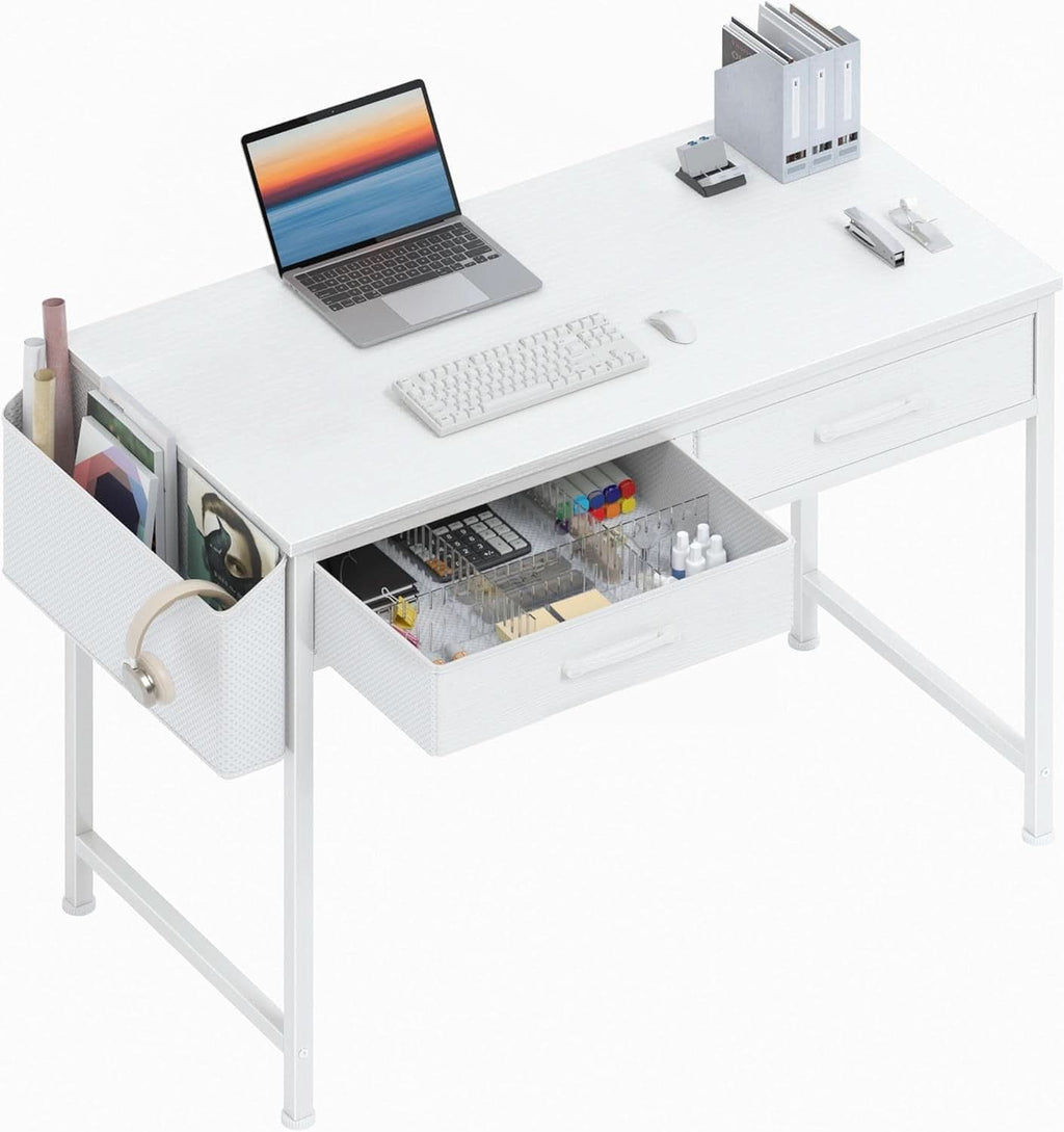 Compact white 32-inch vanity desk with two fabric storage drawers and a side organizational pouch — view 3