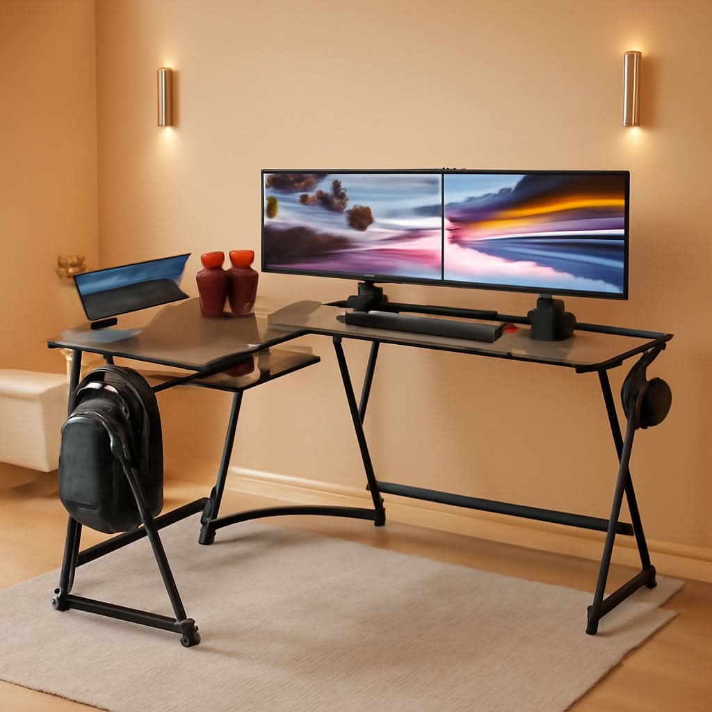 Rustic brown L-shaped corner desk with black steel frame, sliding drawer, and removable monitor stand