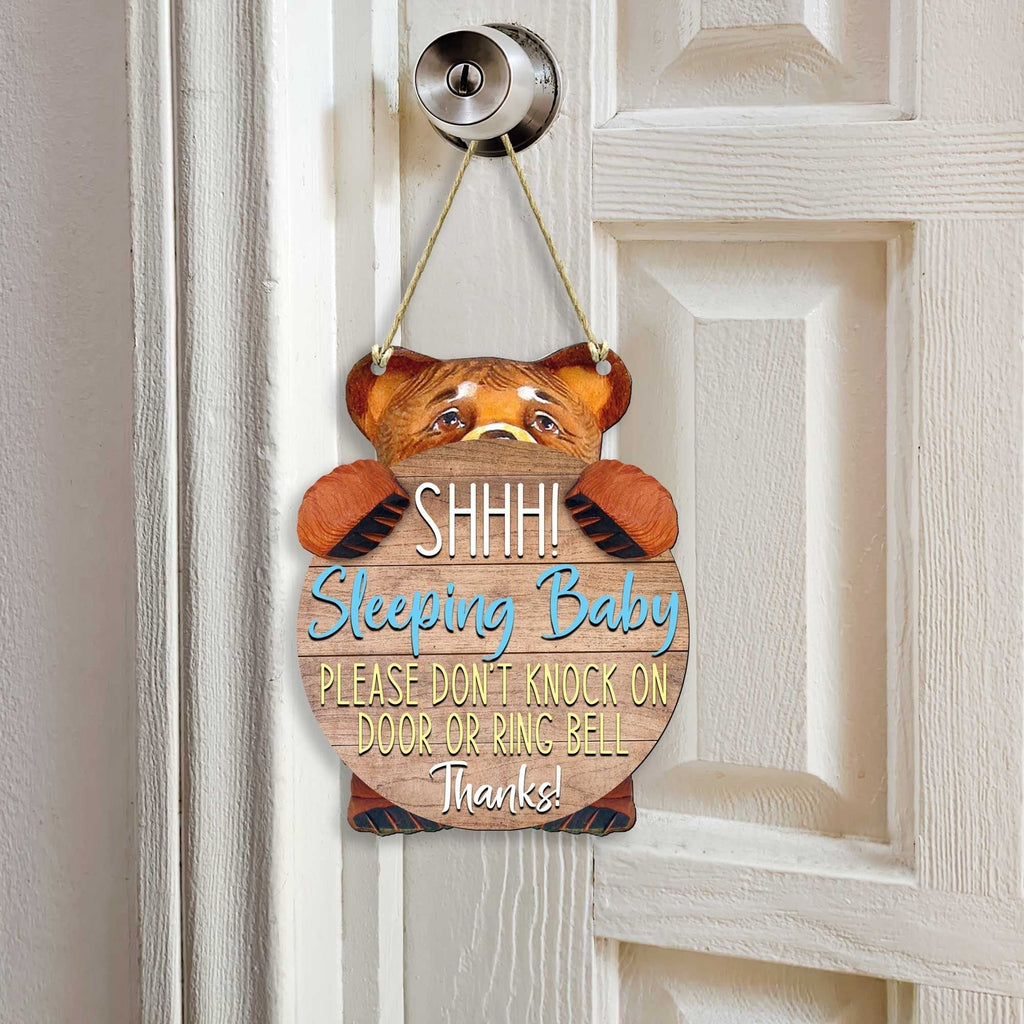 Handcrafted weather-resistant baby sleeping do not knock sign with hanging rope for front door