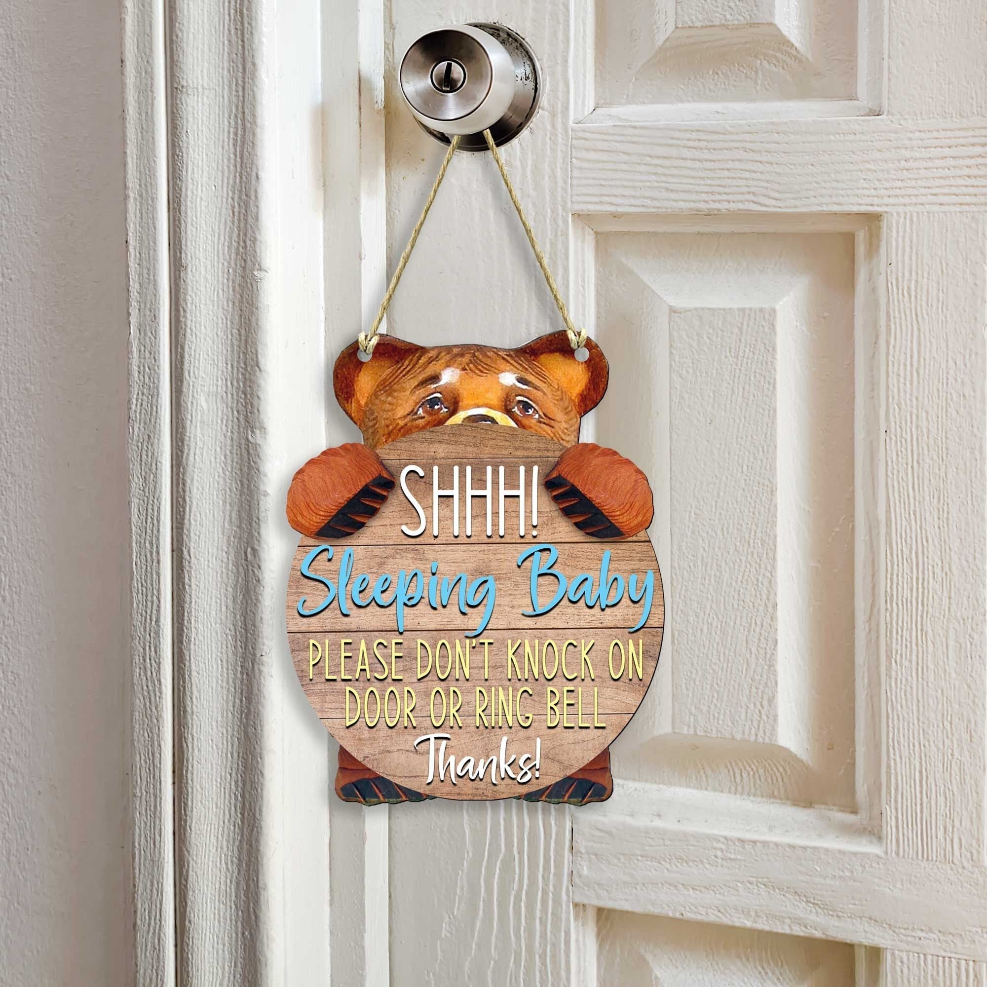 Handcrafted weather-resistant baby sleeping do not knock sign with hanging rope for front door