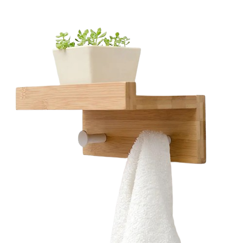 Bamboo multi-functional floating wall shelf with metal hooks displaying rustic home decor and plants. — view 4