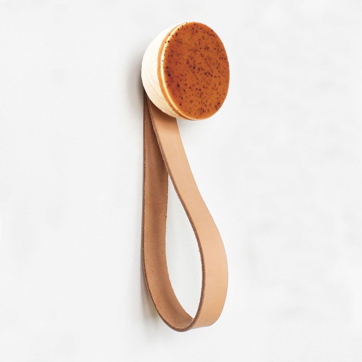 Round Beech Wood & Ceramic Wall Mounted Coat Hook / Hanger with Leather Strap - Terracotta Orange Specks-2