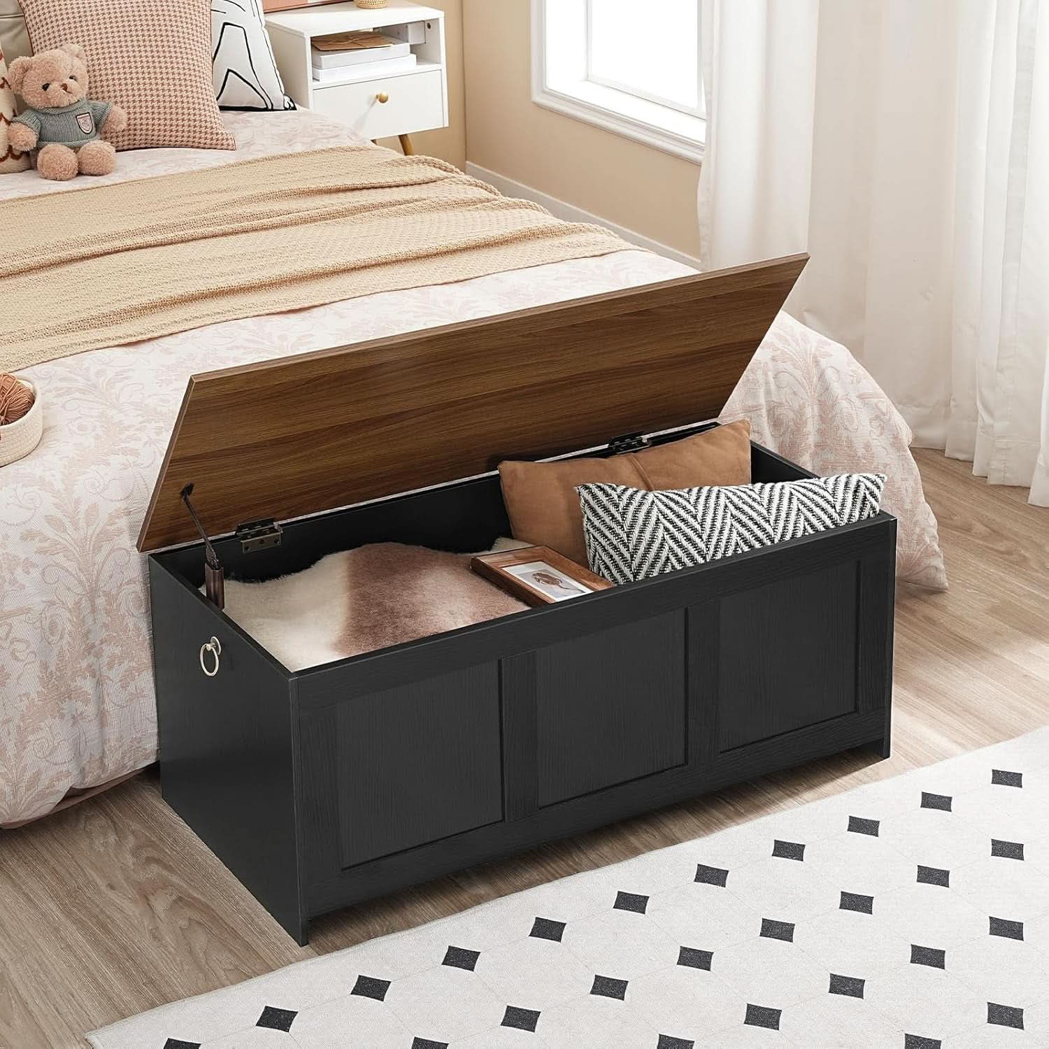 39-inch walnut storage bench with lift-top lid, striped front panel, and metal handles — view 4