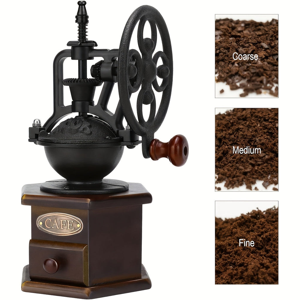 Manual coffee grinder vintage mill in black with a cast iron hand crank and wooden base — view 2