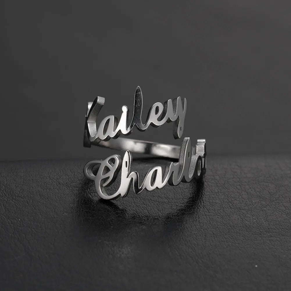 Personalized custom name ring in polished 18k gold featuring delicate cursive typography styling — view 3