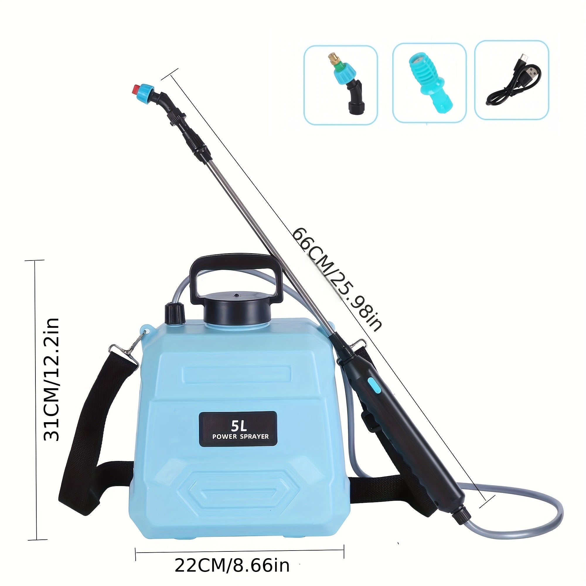 5L rechargeable electric cleaning sprayer with adjustable strap extension rod and three plastic interchangeable nozzles — view 3