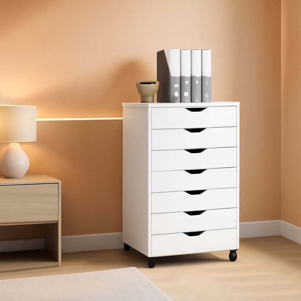 Heavy duty white seven drawer storage chest with lockable caster wheels and smooth modern minimalist design