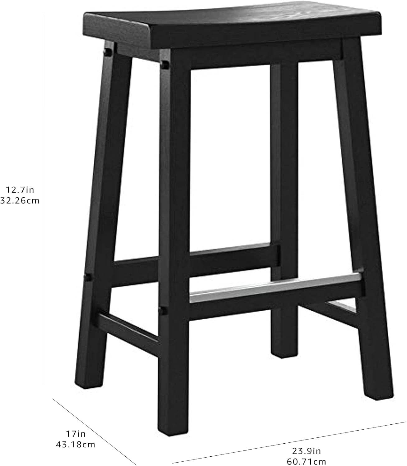 Set of two black solid wood saddle seat bar stools with square legs — view 3