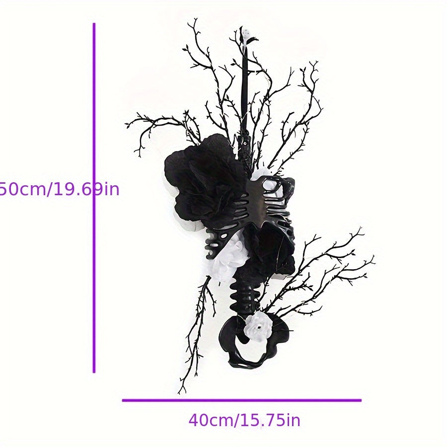 Halloween skull wreath wall hanging decor in solid black plastic for front doors and walls — view 4