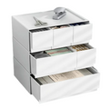 Stackable white plastic bedside drawer organizer with multiple storage layers for bedroom essentials