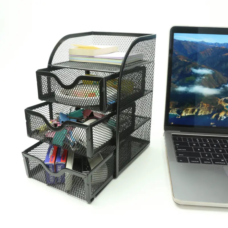 4 tier mesh desk organizer with three drawers in powder coated iron holding office supplies — view 5